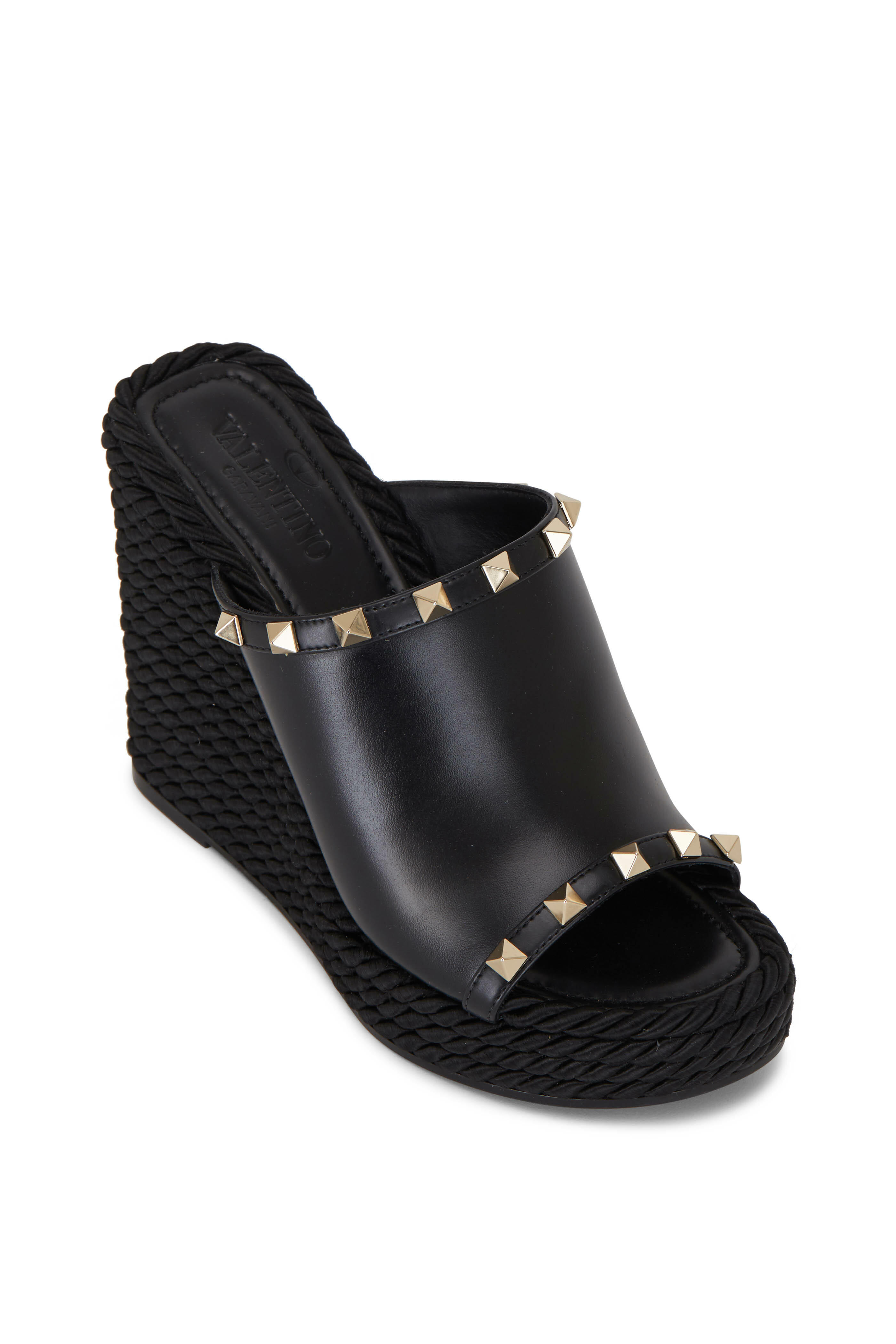 Valentino Garavani - Rockstud Black Leather Rockstud Wedge, 115mm