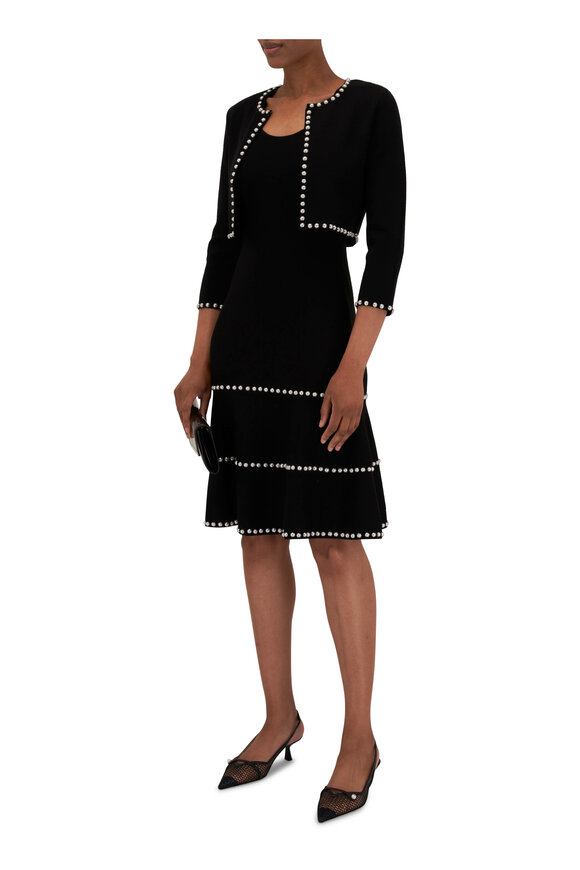 Carolina Herrera - Black Embellished Pearl Flare Knit Dress 
