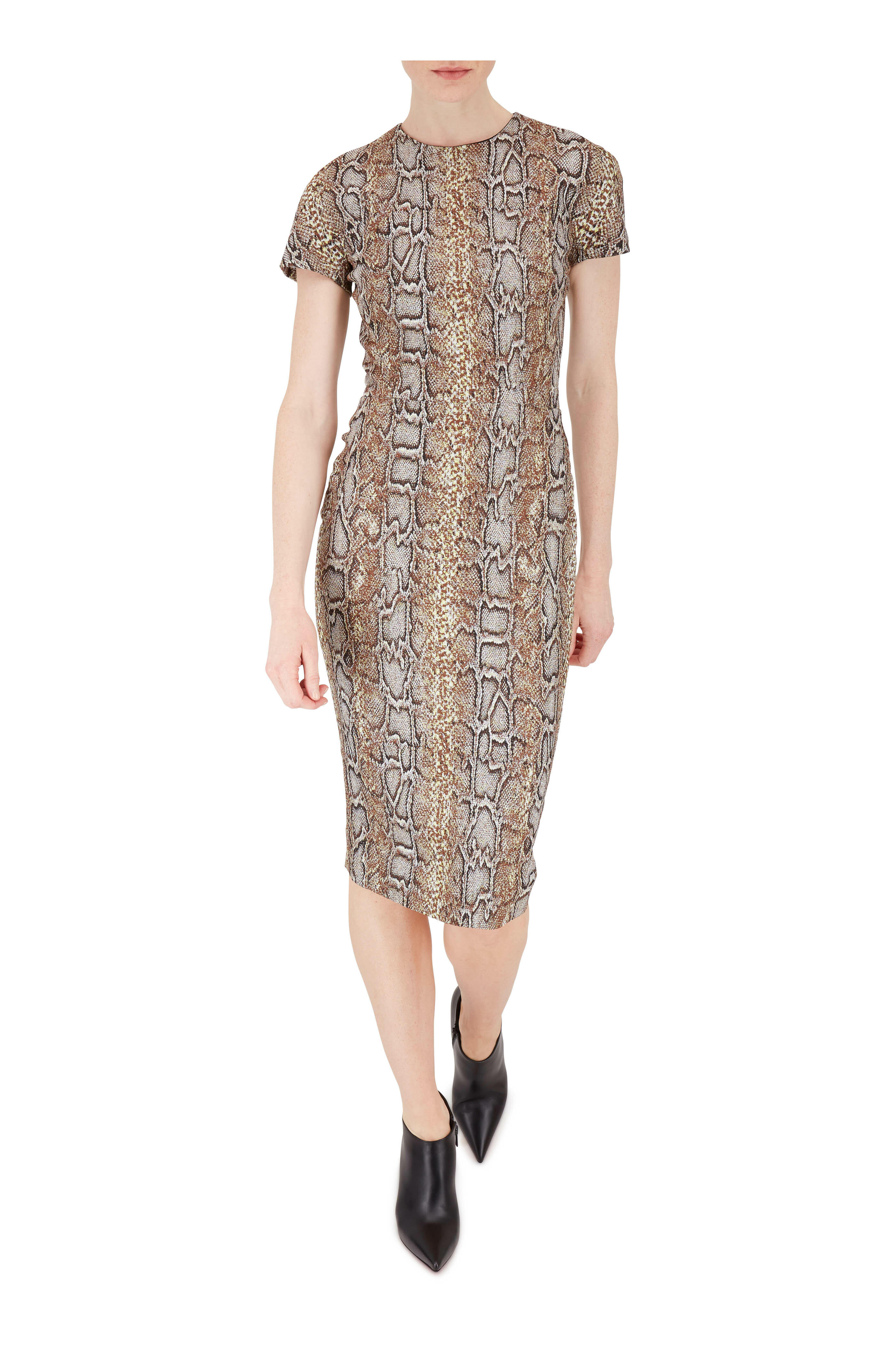 Victoria Beckham - Khaki Snake Jacquard Short Sleeve T-Shirt Dress