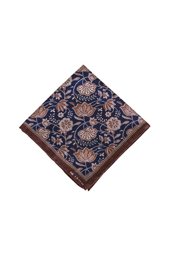Kiton Brown & Navy Floral Print Silk Pocket Square