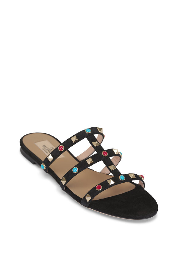 Valentino Garavani Black Multicolor Suede Rockstud & Stone Sandal