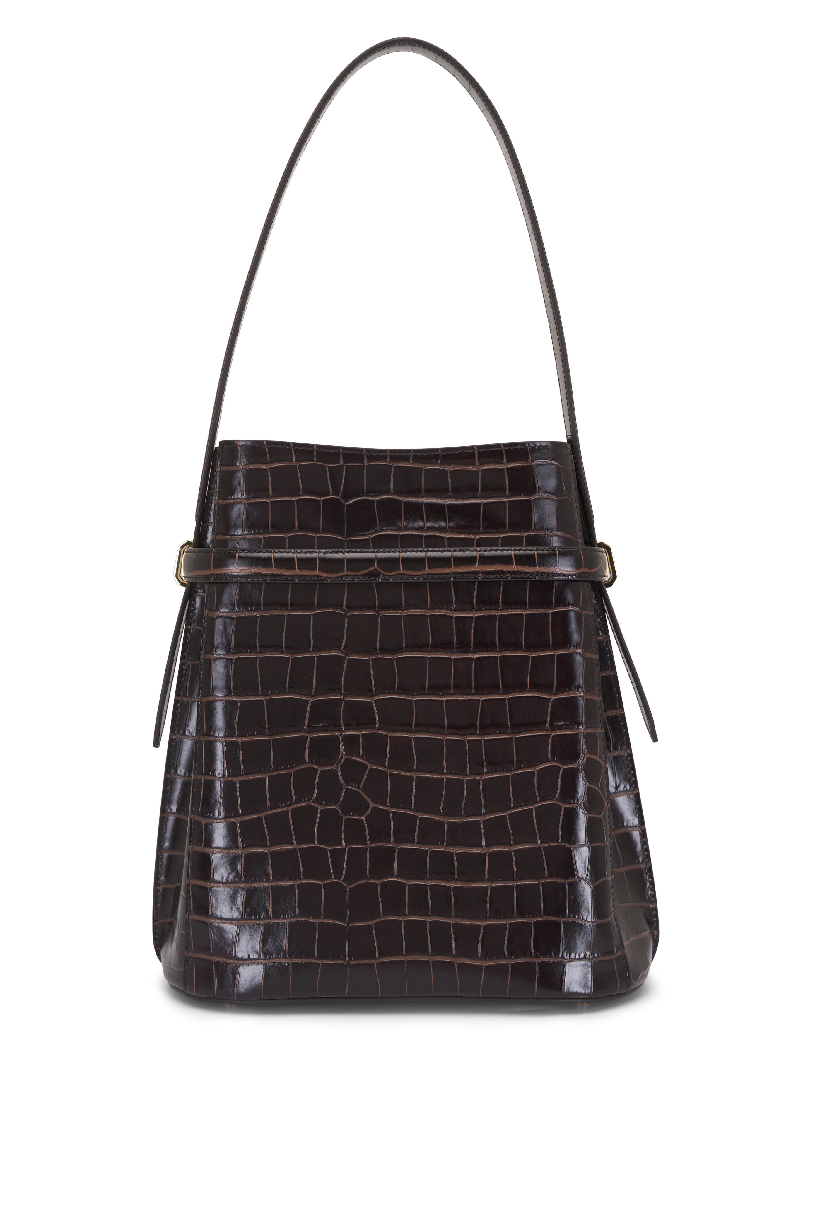 Totême - Belted Dark Brown Crocodile Embossed Bucket Bag