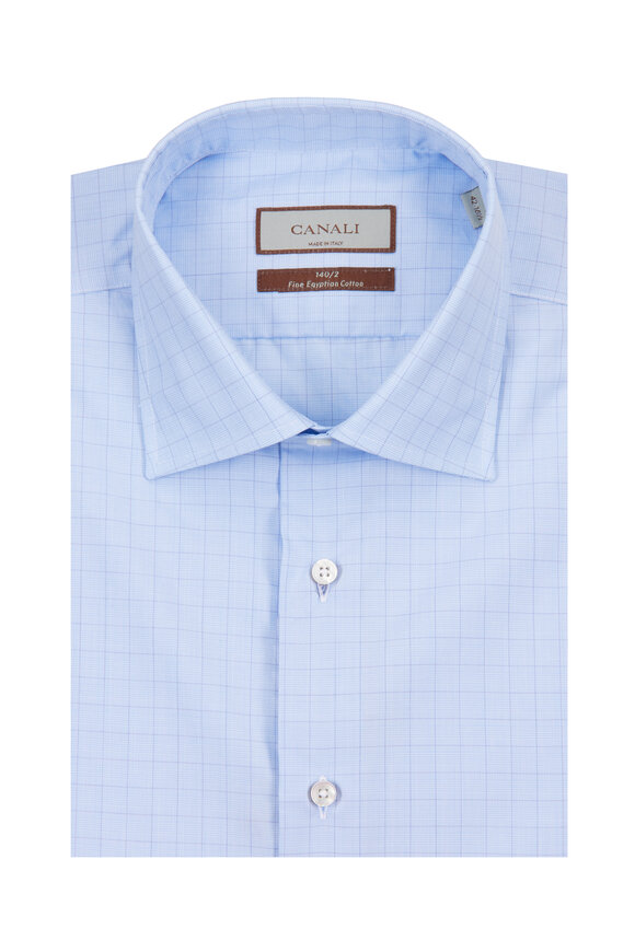 Canali Light Blue Cotton Check Sportshirt - view 1
