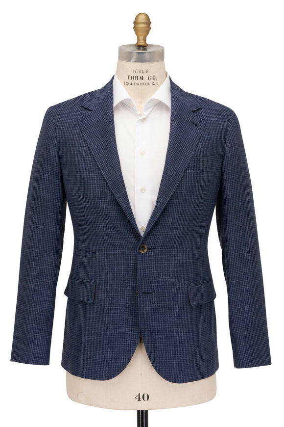 Brunello Cucinelli - Navy Blue Micro Houndstooth Plaid Sportcoat