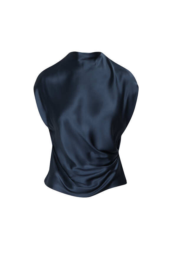 The Sei Slate Blue High Neck Drape Blouse