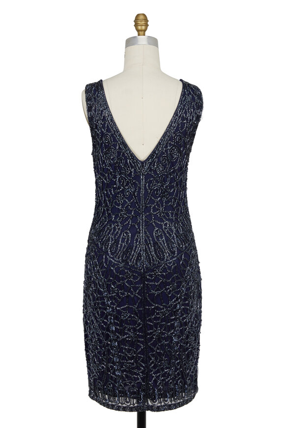 Theia - Midnight Blue Beaded Deep V-Neck Sleeveless Dress