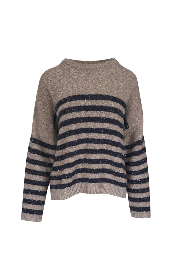 Brunello Cucinelli Brown & Navy Stripe Diamante Crewneck Sweater
