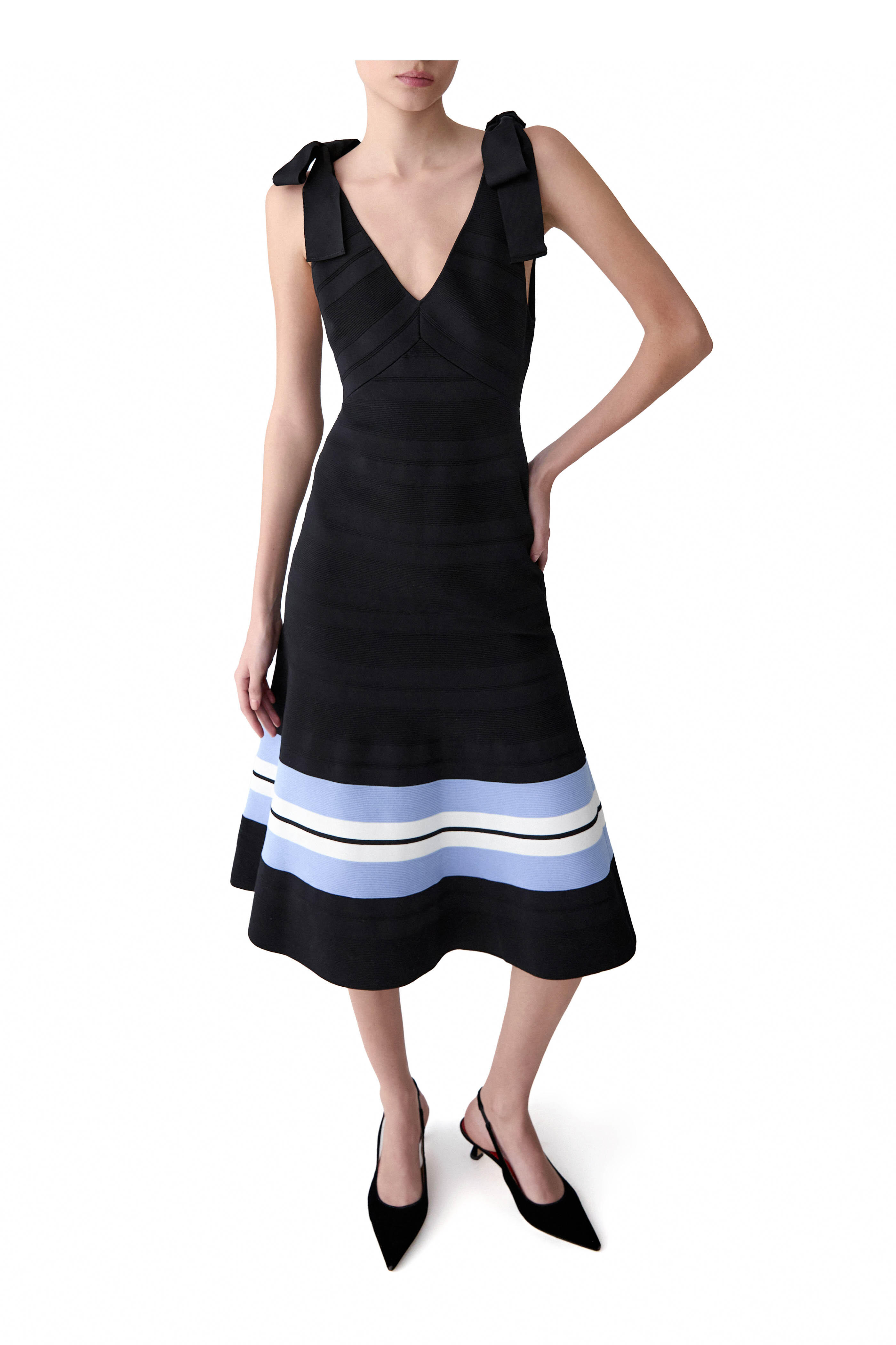 Carolina Herrera - Black Multicolor Stripe V-Neck Flare Dress