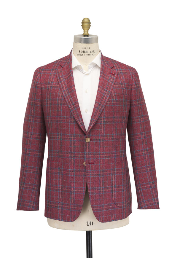 Isaia Dark Red Rustic Plaid Wool, Silk & Linen Sportcoat - view 3