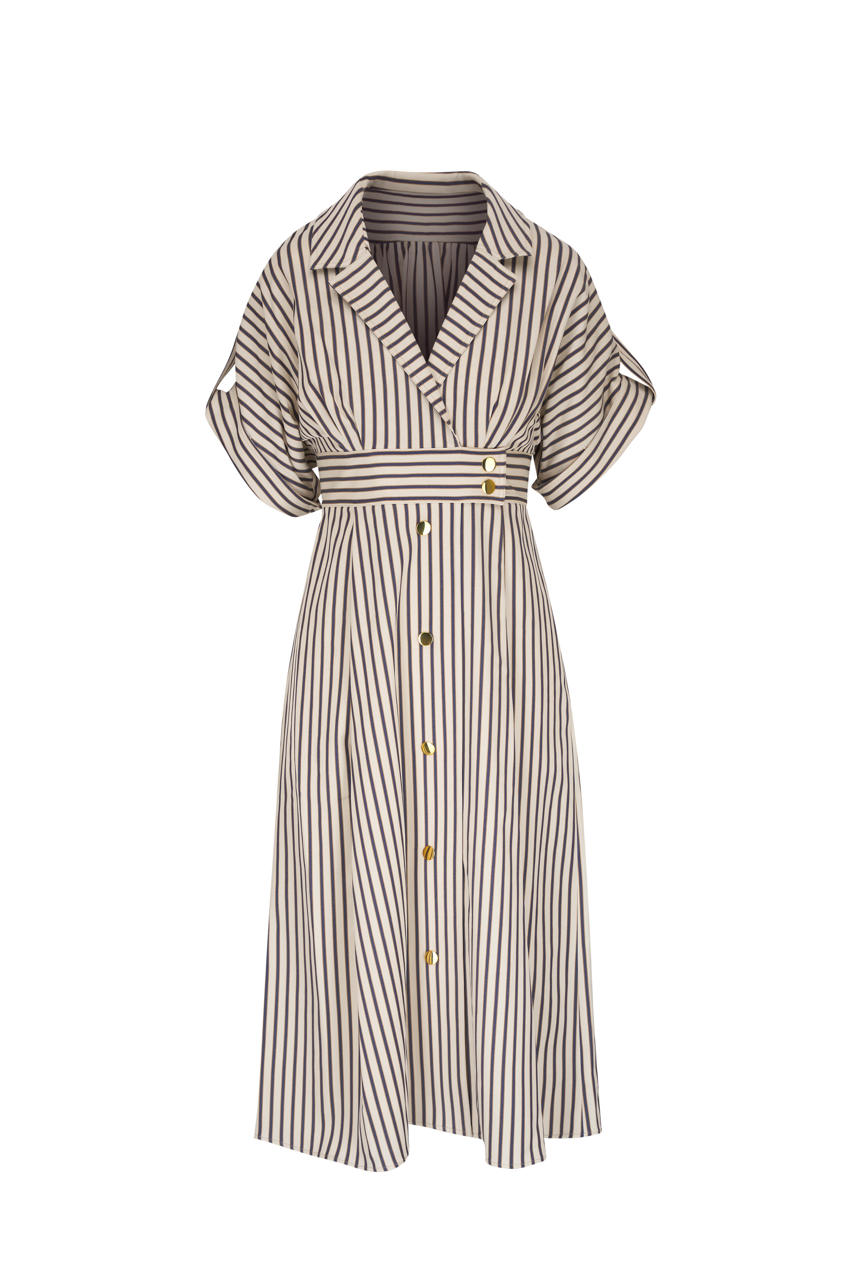 Carolina Herrera - Short Sleeve Ecru Stripe Midi Dress