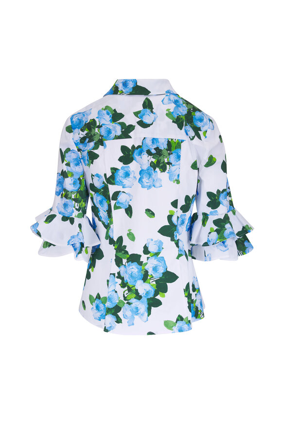 Carolina Herrera White & Blue Multi Rose Print Tiered Sleeve Top - view 5