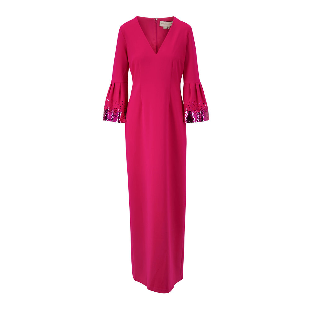 Sachin Babi Aria Fuchsia Sequin Bell Sleeve Gown