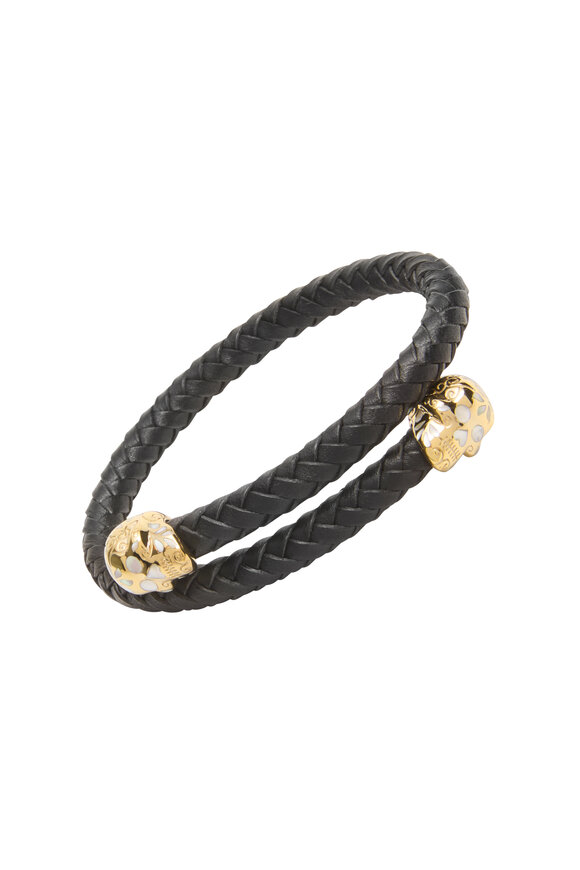 Jan Leslie Black Leather Gold Skull Flex Bracelet