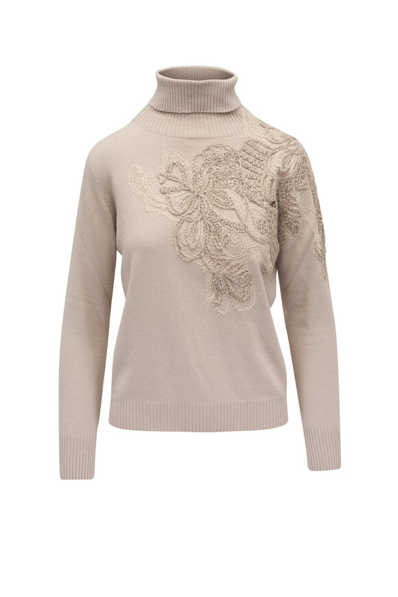 D.Exterior Hazelnut Floral Embellished Turtleneck Sweater