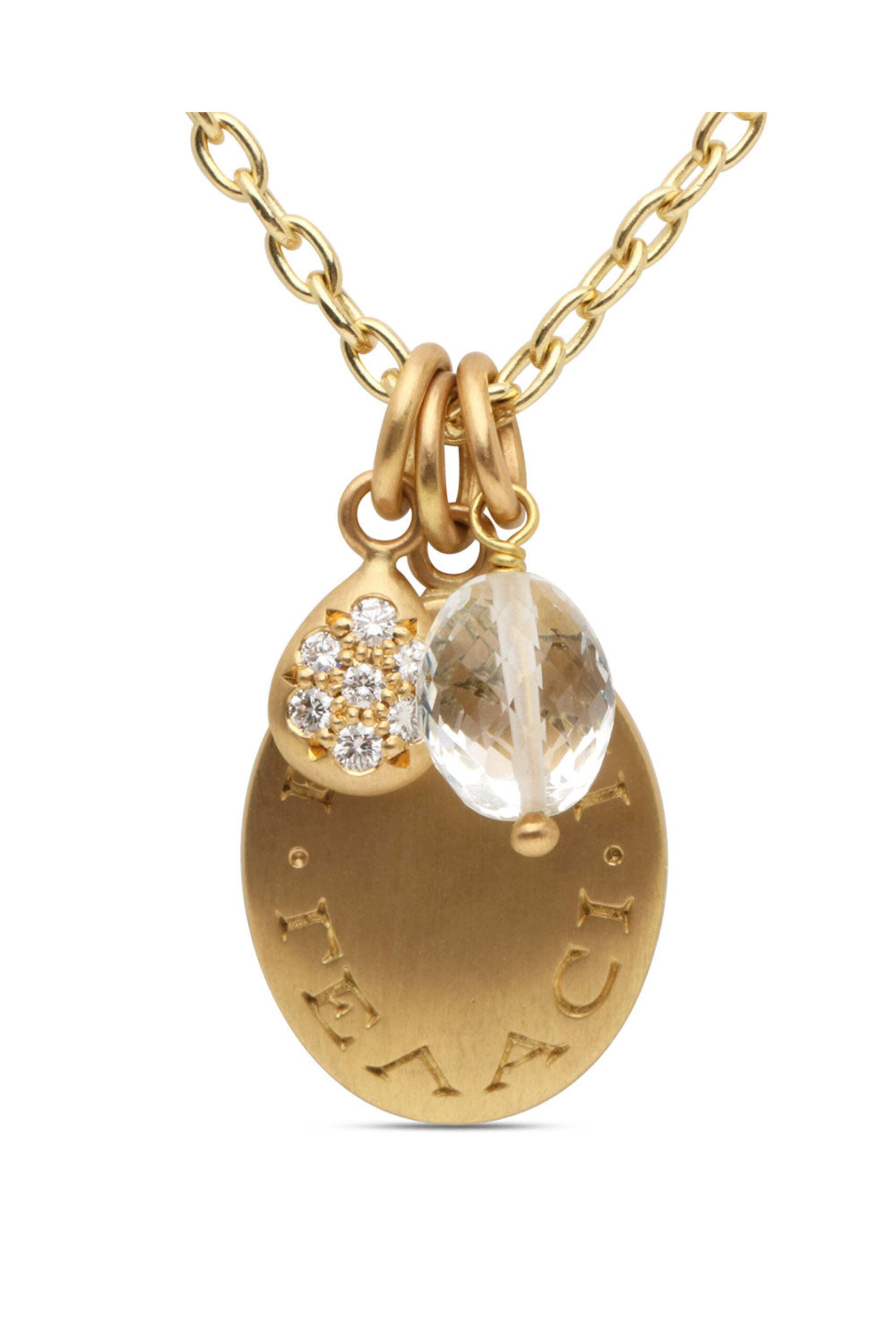 Caroline Ellen - Goshenite Engraved Pave Teardrop Oval Pendant