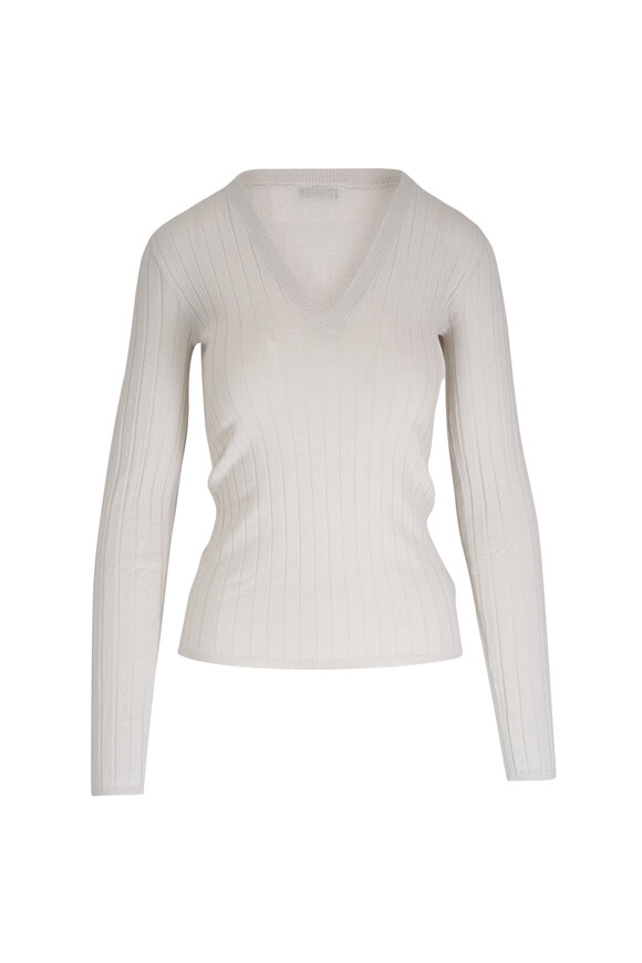 Brunello Cucinelli Warm White Lurex V-Neck Top 