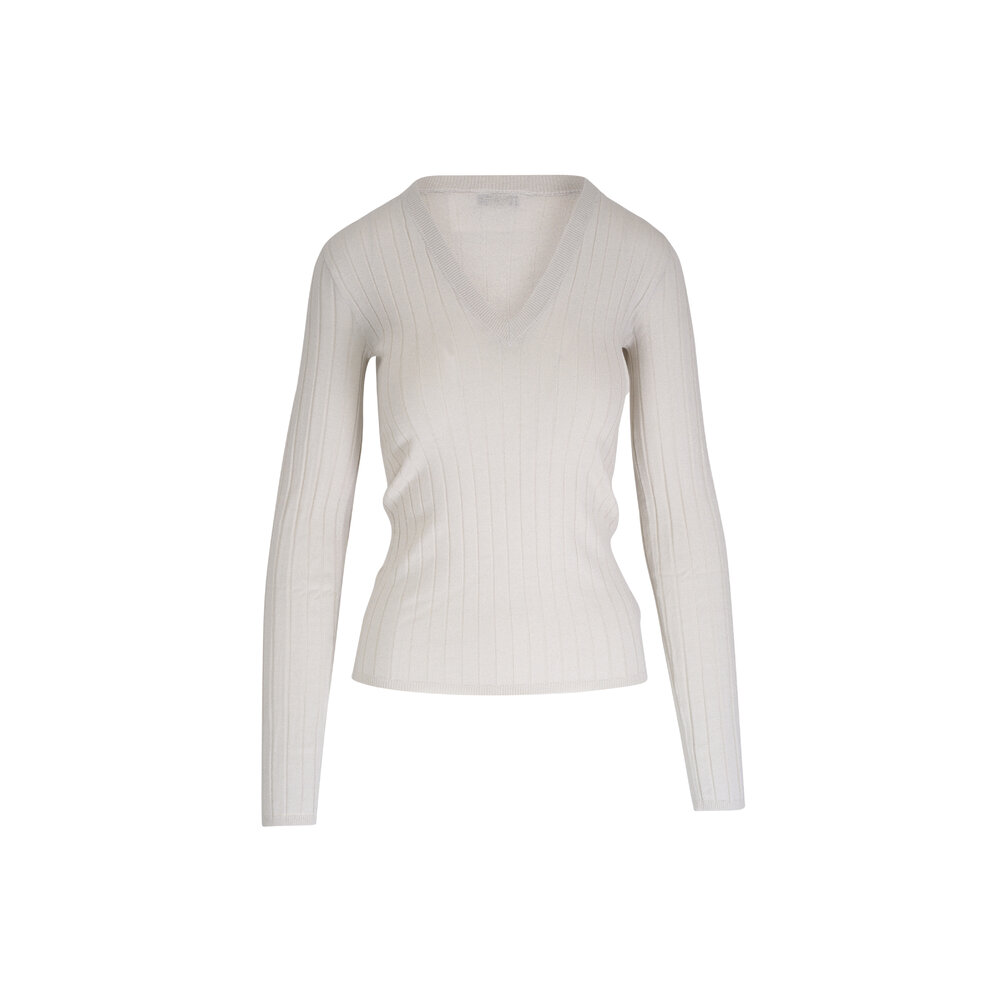 【送料&関税込】Brunello Cucinelli White V-neck Pullover Wit Brunello Cucinelli - Warm White Lurex V-Neck Top