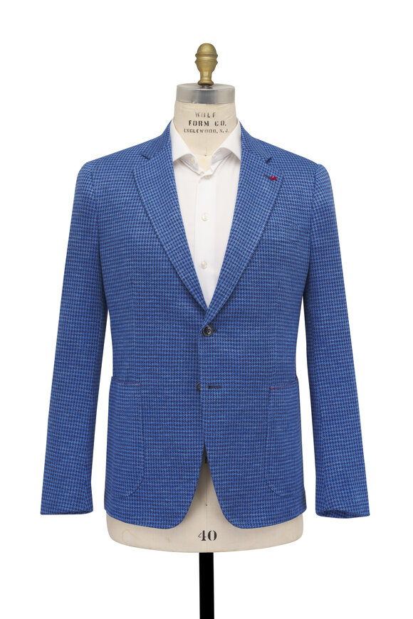 Isaia Blue Houndstooth Wool, Silk & Linen Sportcoat - view 4