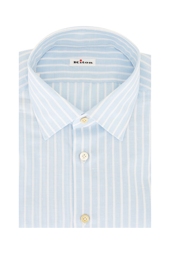 Kiton - Light Blue Stripe Cotton & Linen Dress Shirt