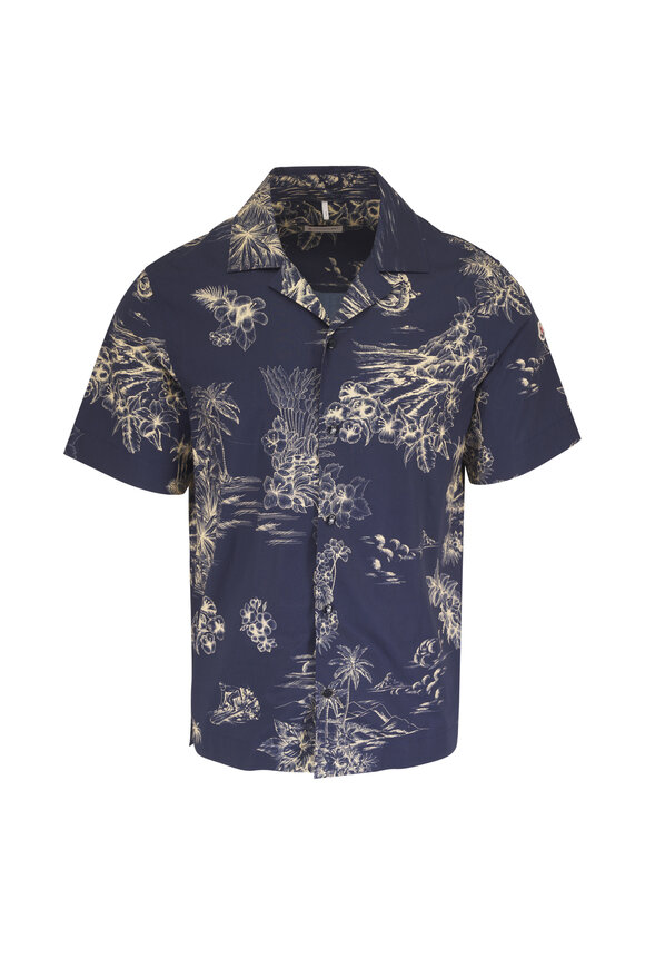 Moncler Floral Print Navy Blue Short Sleeve Cotton Shirt - view 1