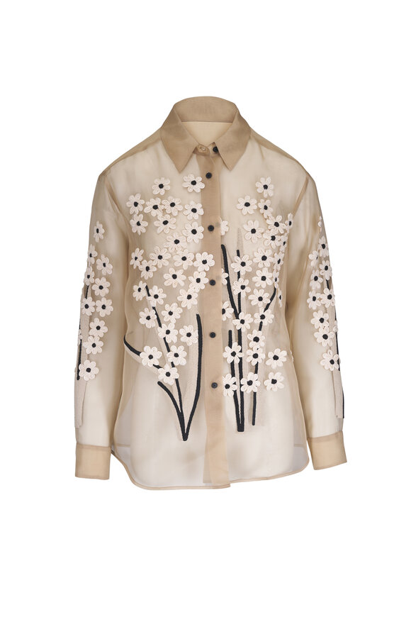 Khaite Argo Chalk Floral Bouquet Silk Organza Top