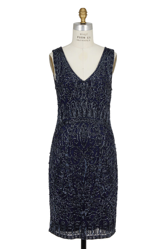 Theia - Midnight Blue Beaded Deep V-Neck Sleeveless Dress