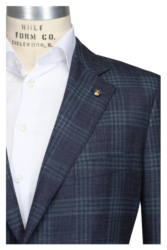 Belvest Teal & Navy Windowpane Wool Sportcoat