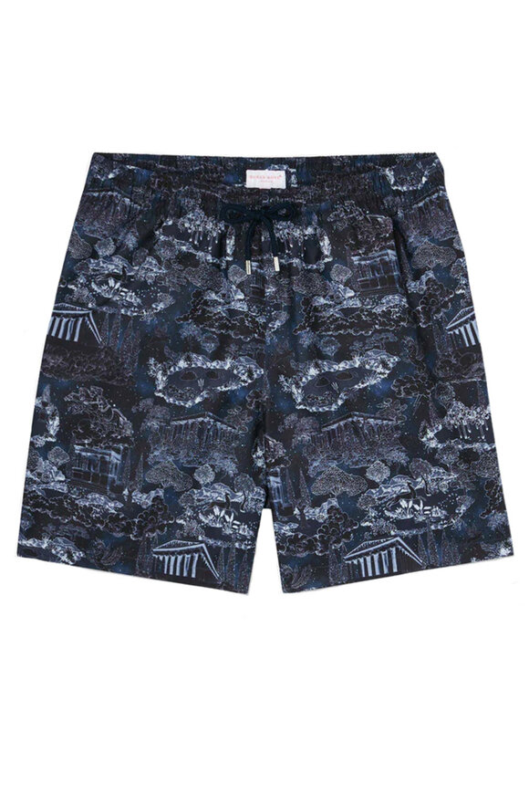 Derek Rose Maui Navy Blue & White Print Swim Trunks