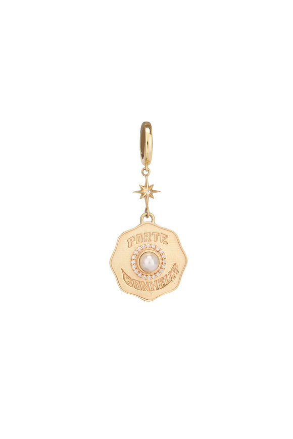 Marlo Laz 14k Yellow Gold Porte Bonheur Coin Pearl Earrings - view 2