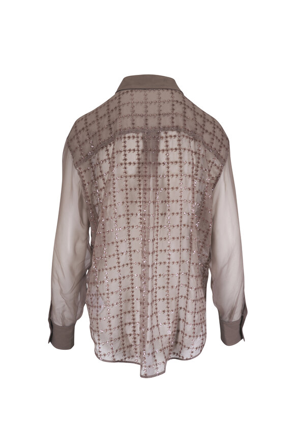 Brunello Cucinelli Light Brown Embroidered Crispy Silk Chiffon Top - view 4
