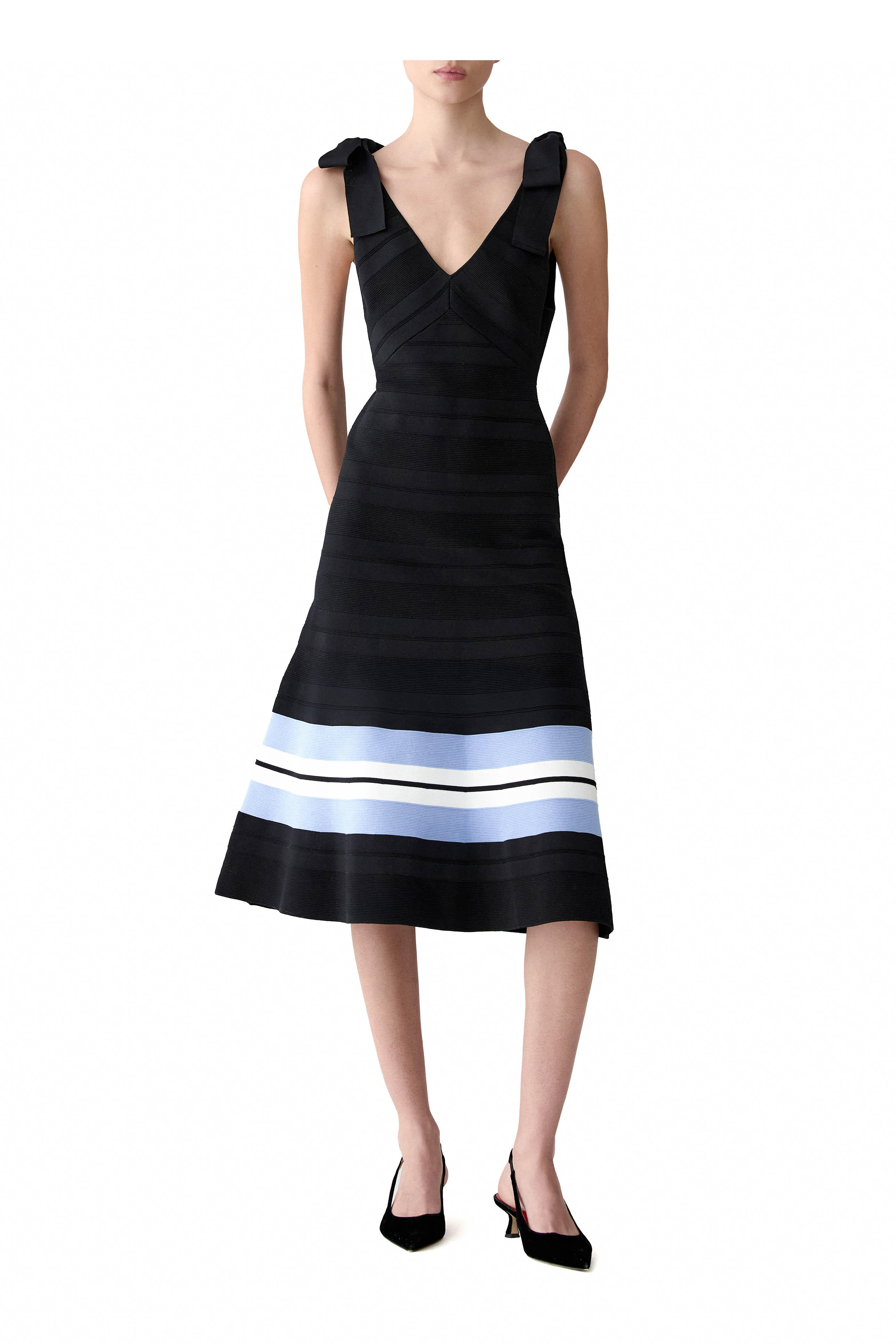Carolina Herrera - Black Multicolor Stripe V-Neck Flare Dress