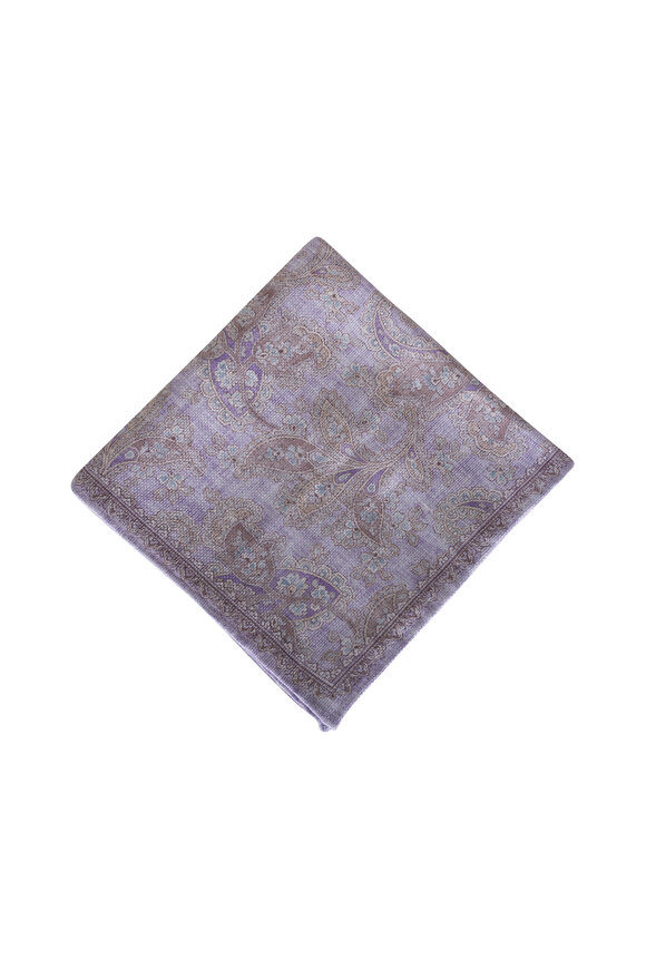 Brunello Cucinelli Lilac Floral Print Linen & Silk Pocket Square