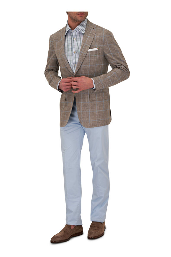 Kiton - Tan & Light Blue Windowpane Plaid Sportcoat 