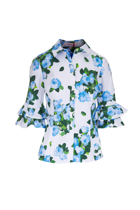 Carolina Herrera White & Blue Multi Rose Print Tiered Sleeve Top
