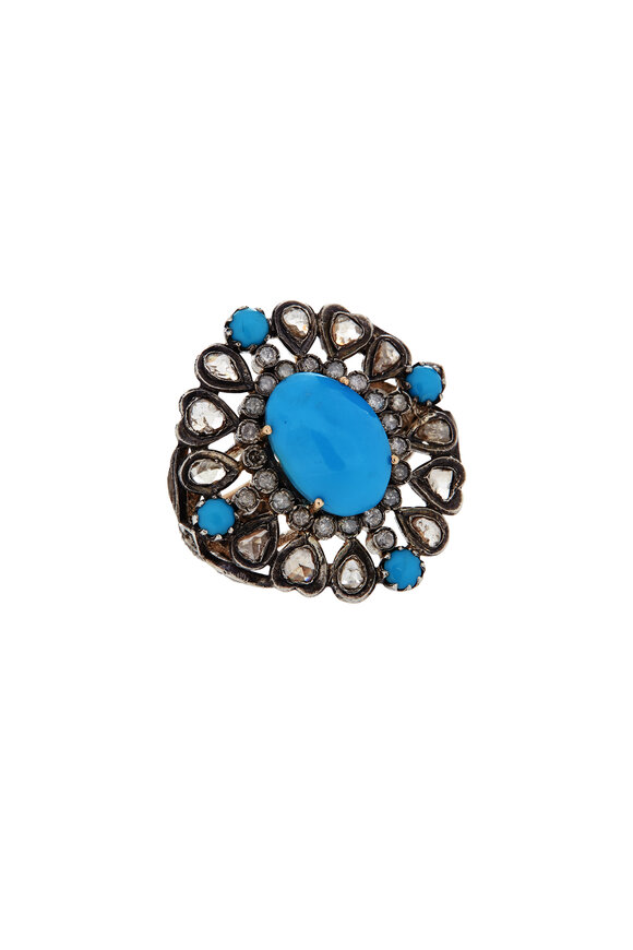 Loren Jewels - Gold Turquoise Diamond Flower Cocktail Ring