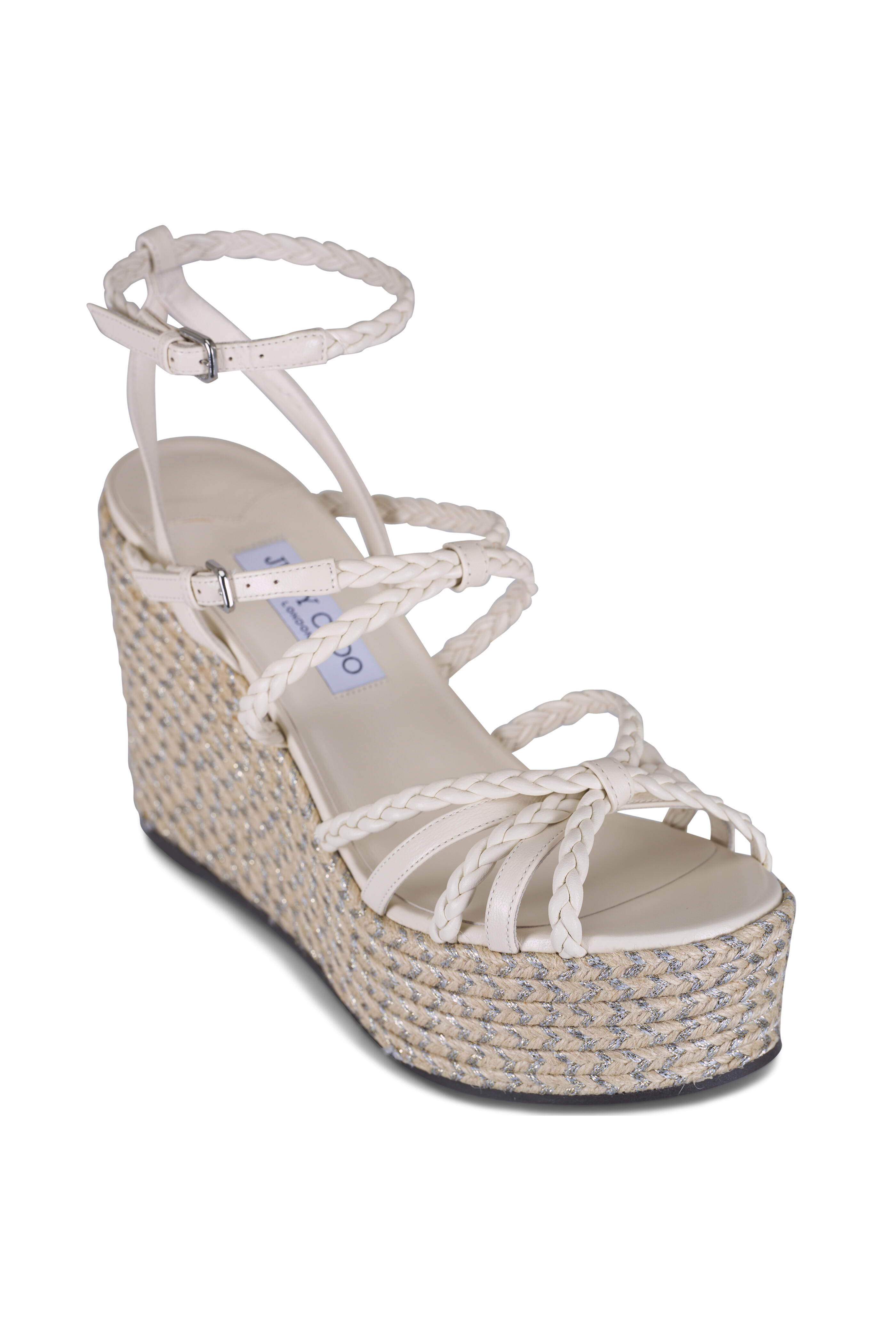 Jimmy Choo - Nyra Latte Metallic Leather Jute Wedge, 100mm