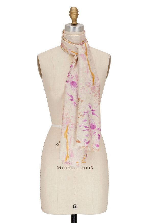 Agnona Pink & Yellow Watercolor Forest Print Silk Scarf 