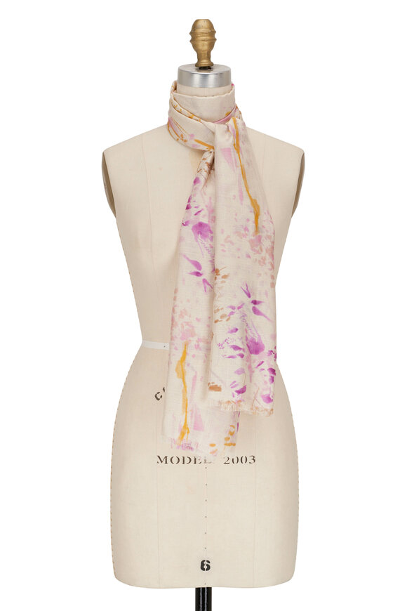 Agnona - Pink & Yellow Watercolor Forest Print Silk Scarf 