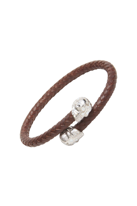 Jan Leslie Sterling Silver Brown Leather Skull Caps Bracelet