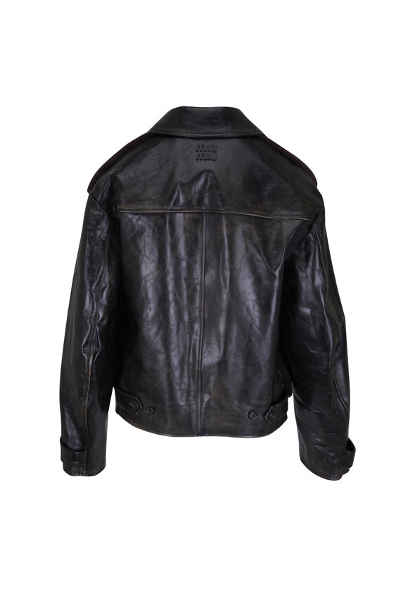 Miu Miu Black Leather & Brown Shearling Blouson Jacket - view 3
