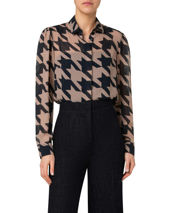 Akris Punto - Black & Caramel Houndstooth Print Blouse