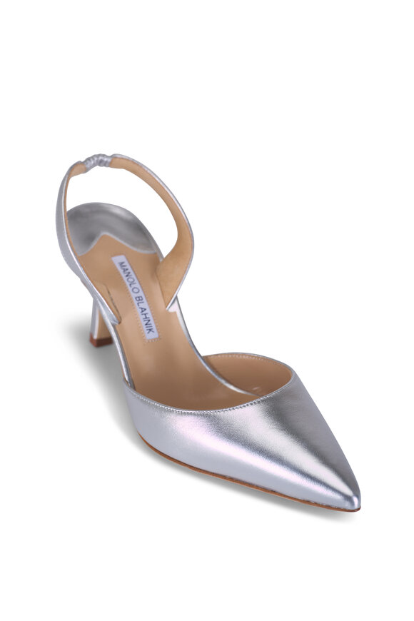 Manolo Blahnik Carolyne Silver Leather Slingback, 70mm
