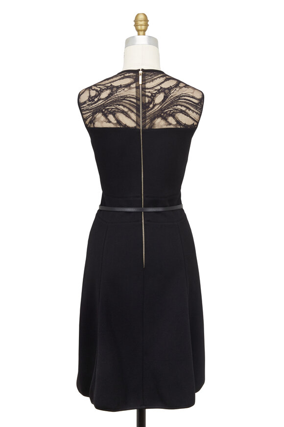 Elie Saab - Black Embroidered Lace Yoke Belted Dress