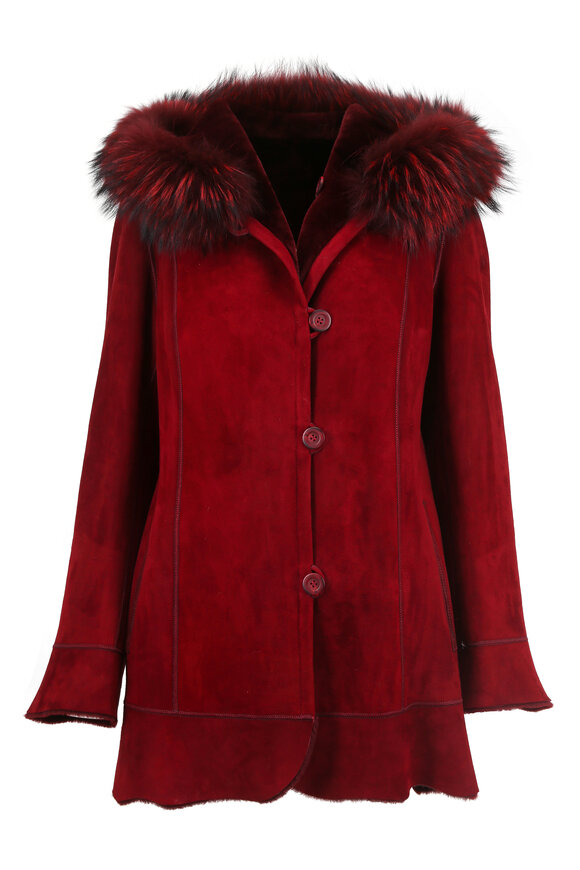 Viktoria Stass - Cranberry Shearling Coat With Fur Trim Hood