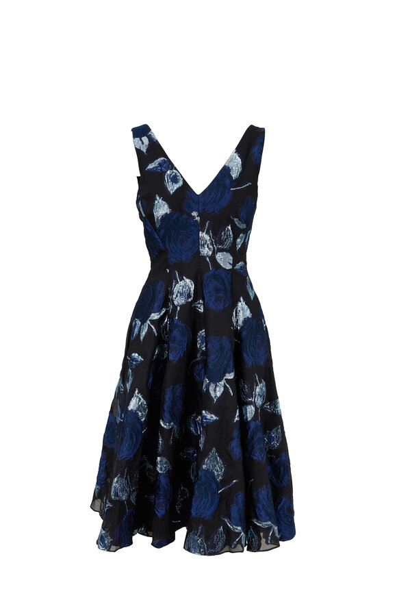 Lela Rose - Black & Navy Metallic Floral V-Neck Dress