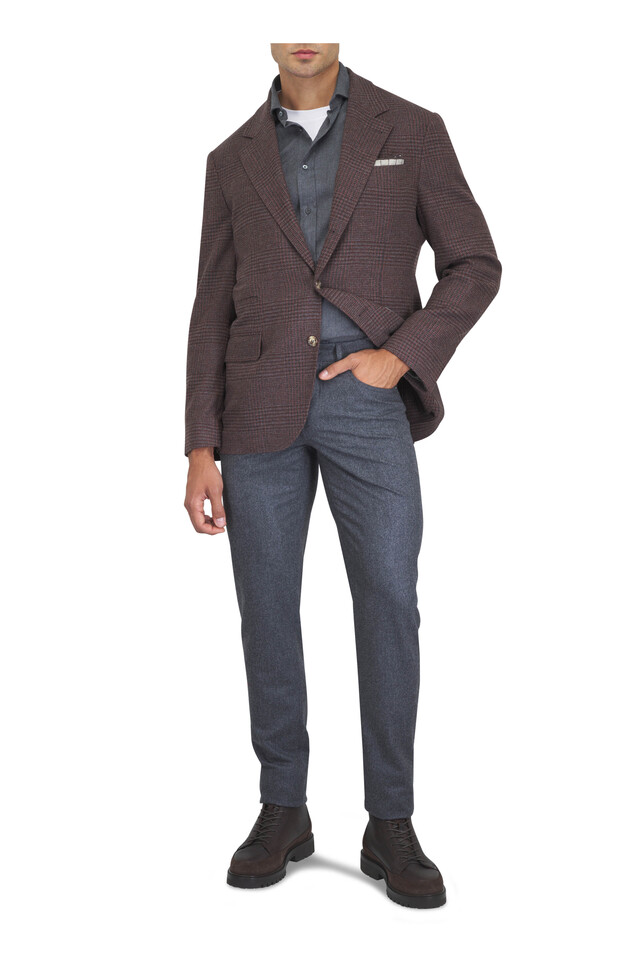 Brunello Cucinelli outfit featuring Commander Dark Brown Deerskin Suede Boot, Charcoal Gray Sport Shirt and 1 other piece