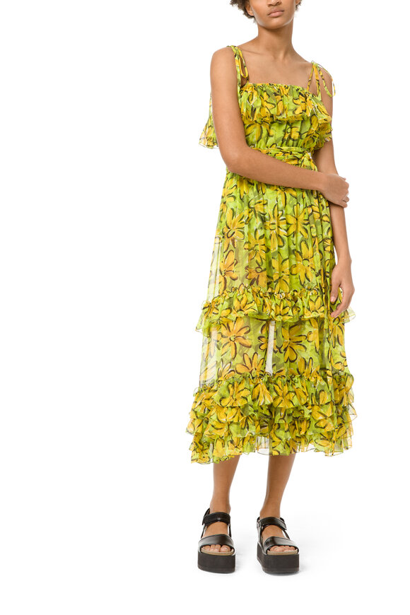 Michael Kors Collection - Green & Yellow Silk Chiffon Daisy Floral Sundress