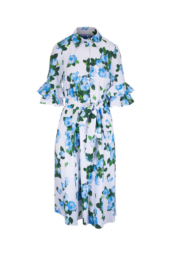 Carolina Herrera White & Blue Multi Rose Print Shirtdress - view 1