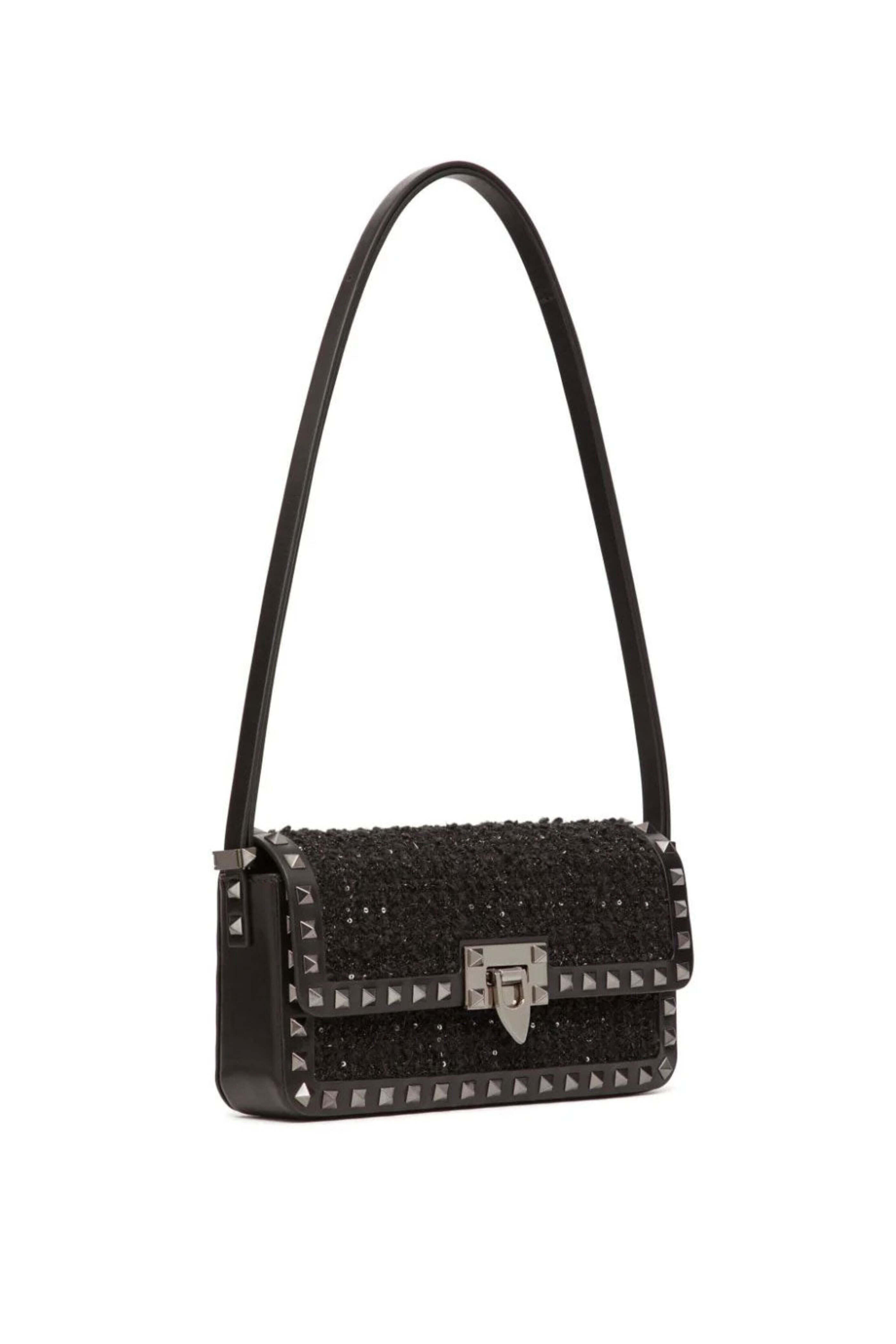 Valentino Garavani - Rockstud Tweed Shoulder Bag in Black