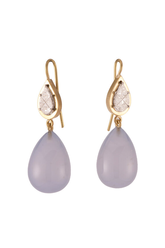 Sylva & Cie 18k Yellow Gold Diamond & Chalcedony Drop Earring - view 1
